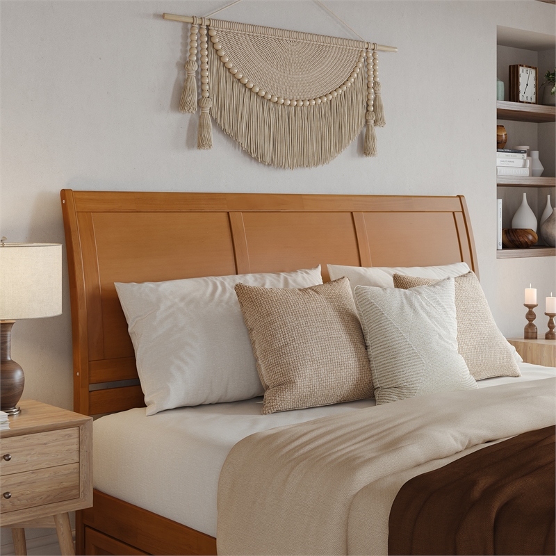 Andorra King Wood Platform Bed with Panel Footboard & Drawers in Light Toffee