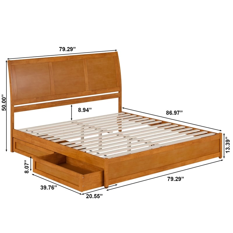 Andorra King Wood Platform Bed with Panel Footboard & Drawers in Light Toffee