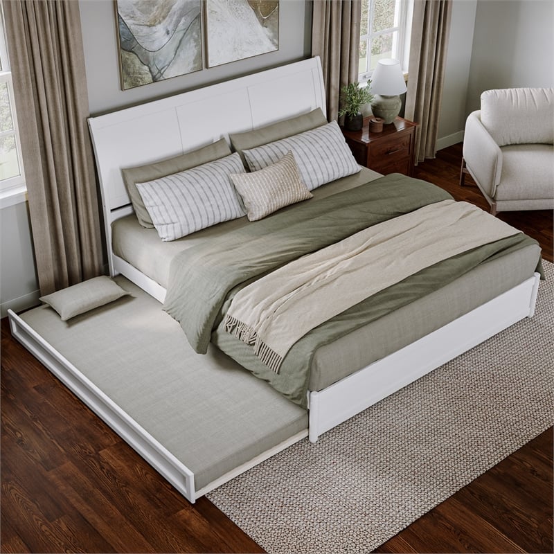 Andorra King Wood Platform Bed with Panel Footboard and Twin XL Trundle in White