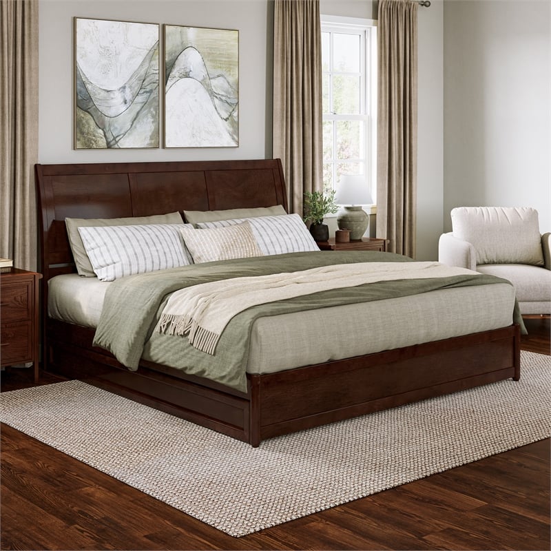 Andorra King Wood Platform Bed with Panel Footboard & Twin XL Trundle in Walnut