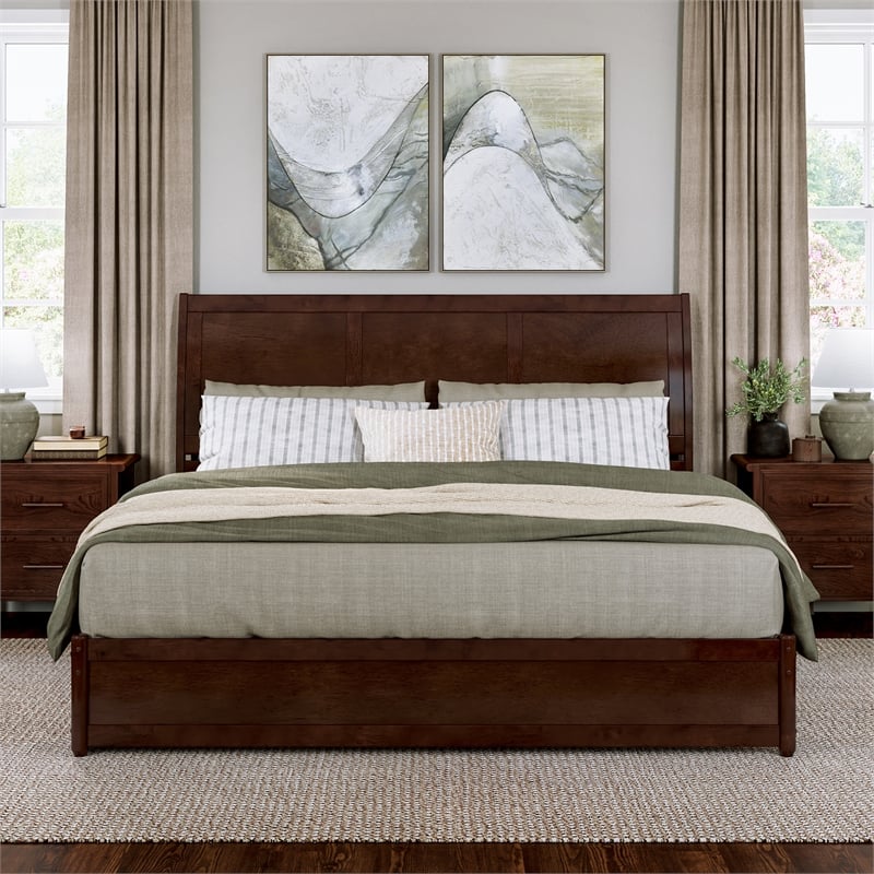 Andorra King Wood Platform Bed with Panel Footboard & Twin XL Trundle in Walnut