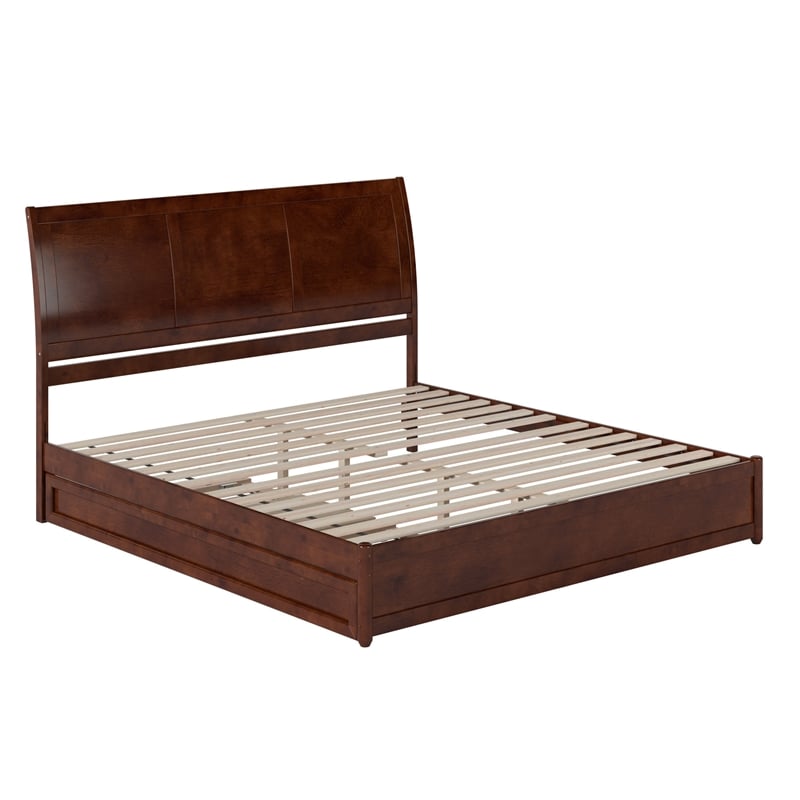 Andorra King Wood Platform Bed with Panel Footboard & Twin XL Trundle in Walnut