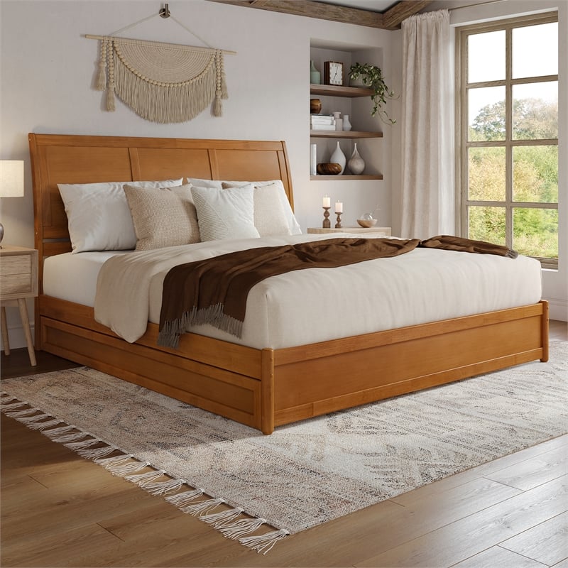 Andorra King Platform Bed with Panel Footboard & TXL Trundle in Light Toffee
