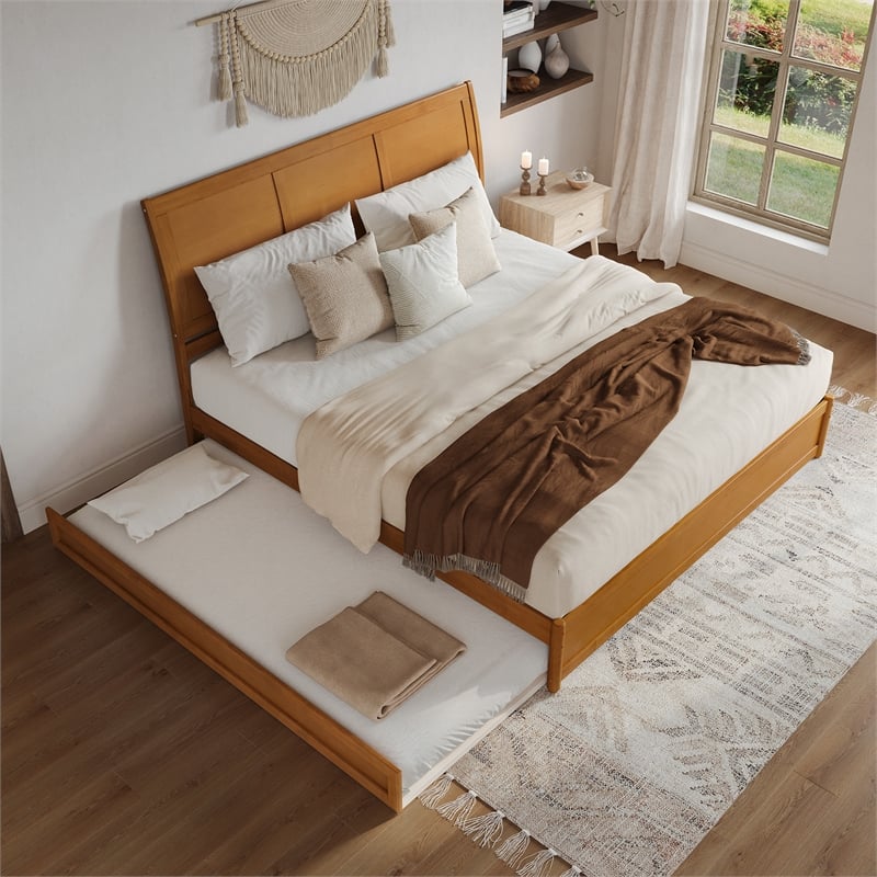 Andorra King Platform Bed with Panel Footboard & TXL Trundle in Light Toffee