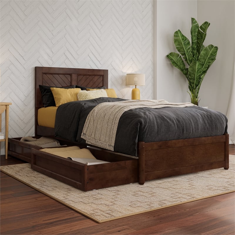 Clayton Twin XL Wood Platform Bed with Panel Footboard & Drawers in Walnut