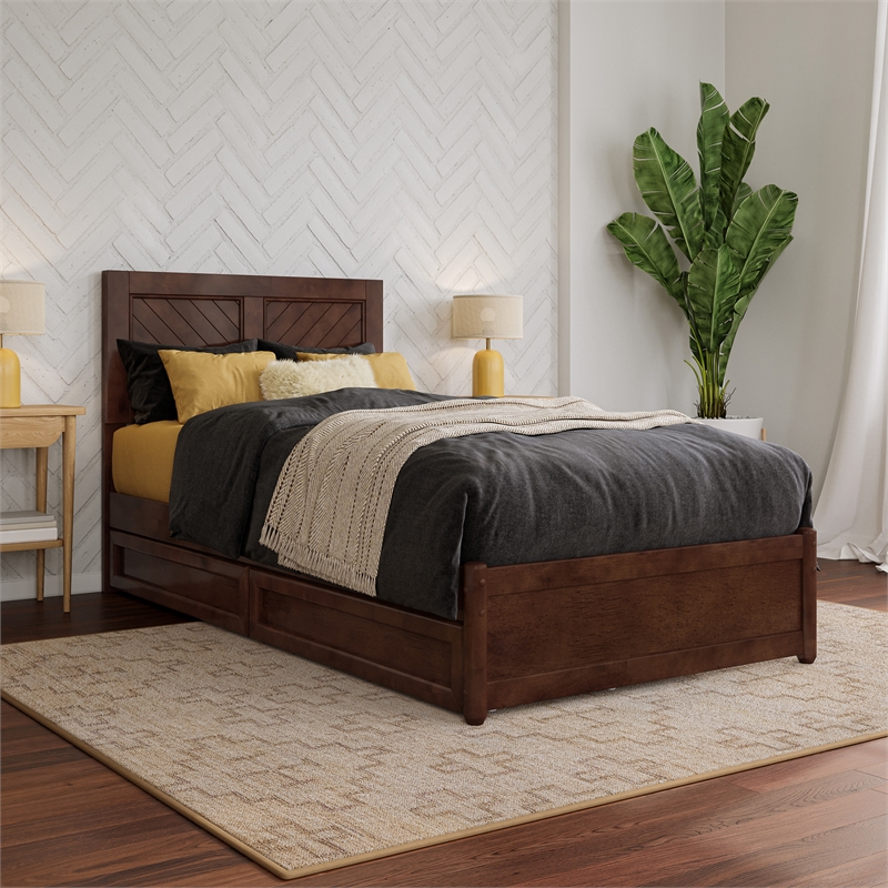 Clayton Twin XL Wood Platform Bed with Panel Footboard & Drawers in Walnut
