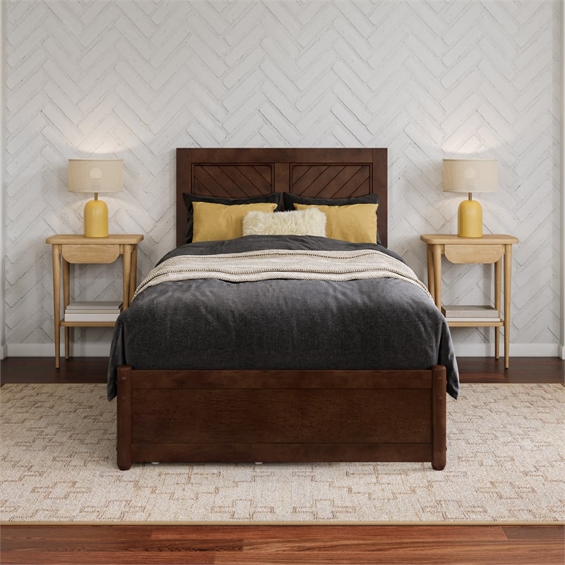 Clayton Twin XL Wood Platform Bed with Panel Footboard & Drawers in Walnut