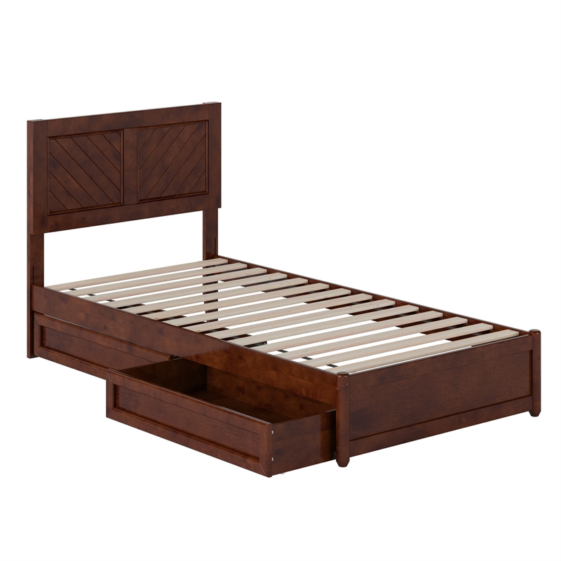 Clayton Twin XL Wood Platform Bed with Panel Footboard & Drawers in Walnut