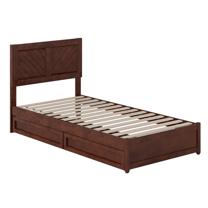 Clayton Twin XL Wood Platform Bed with Panel Footboard & Drawers in Walnut