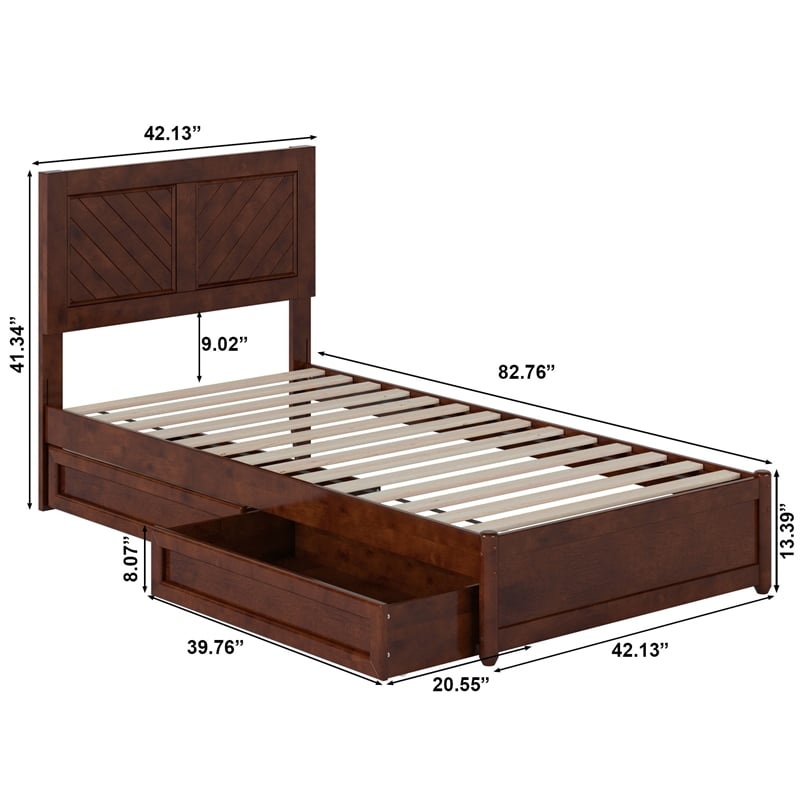 Clayton Twin XL Wood Platform Bed with Panel Footboard & Drawers in Walnut