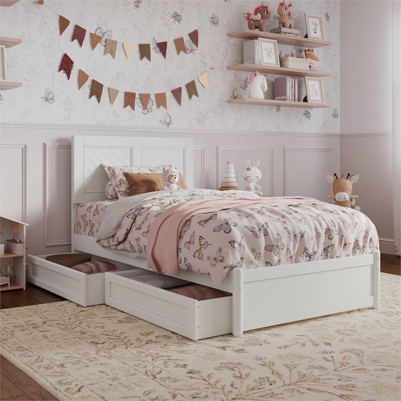 Clayton Twin Wood Platform Bed with Panel Footboard and Storage Drawers in White