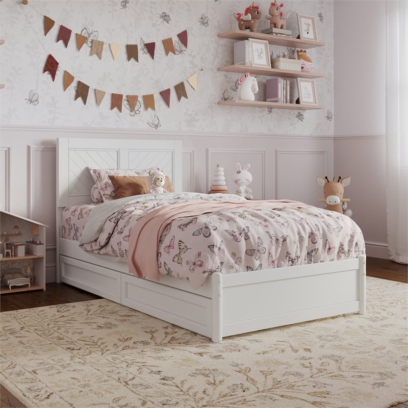 Clayton Twin Wood Platform Bed with Panel Footboard and Storage Drawers in White