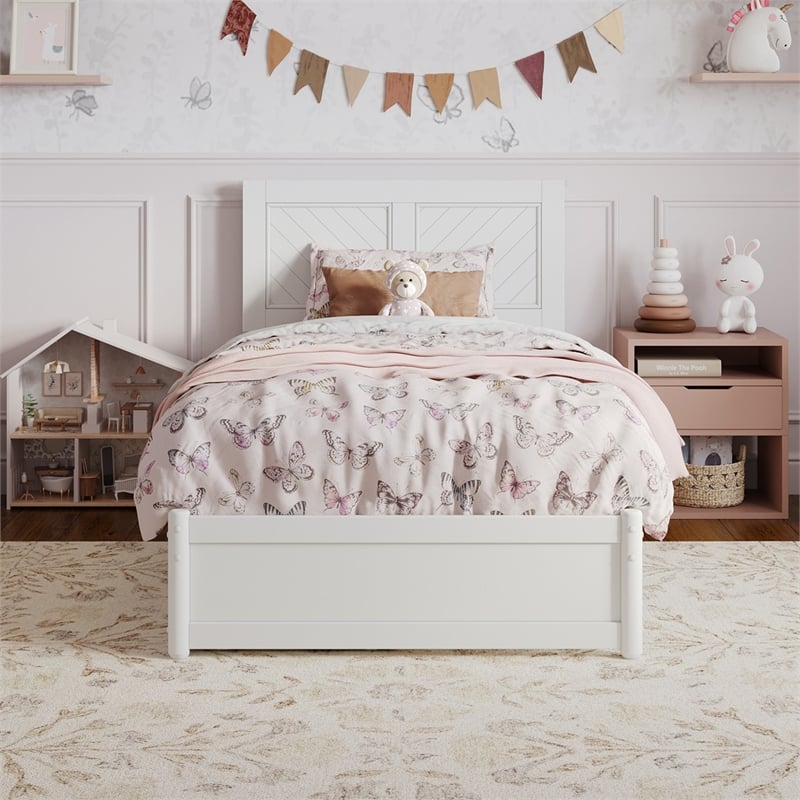 Clayton Twin Wood Platform Bed with Panel Footboard and Storage Drawers in White