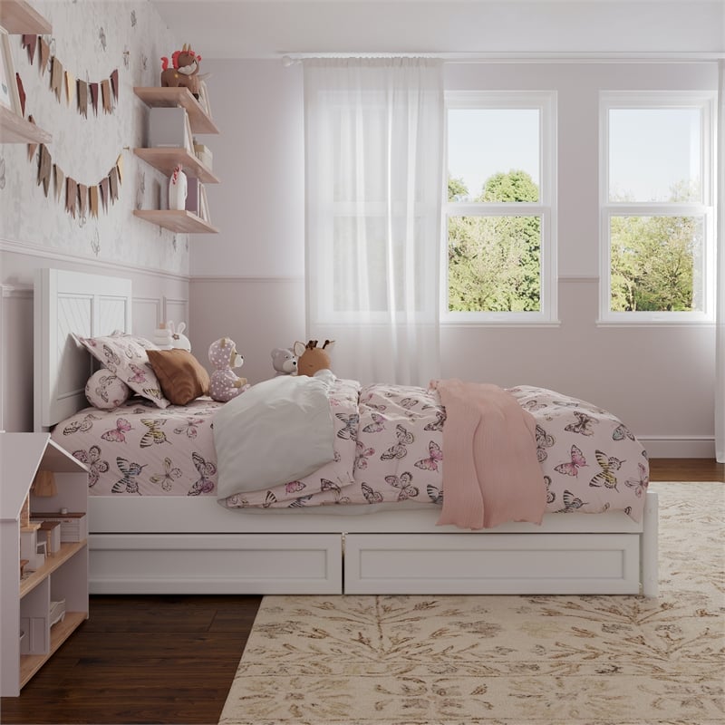 Clayton Twin Wood Platform Bed with Panel Footboard and Storage Drawers in White