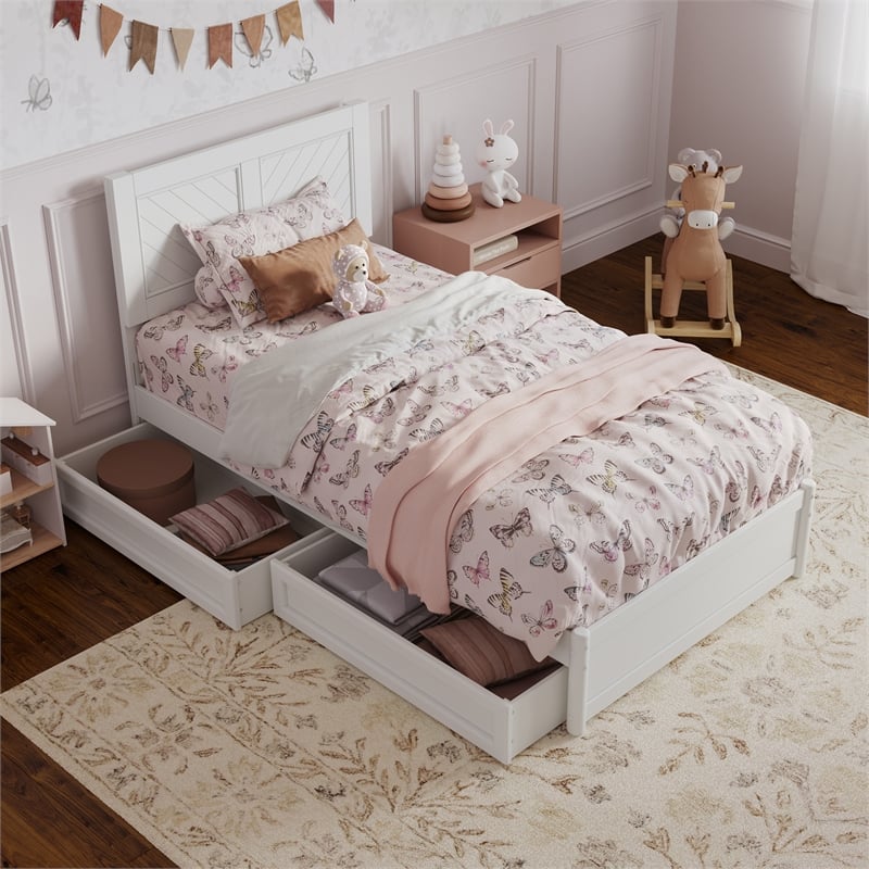 Clayton Twin Wood Platform Bed with Panel Footboard and Storage Drawers in White