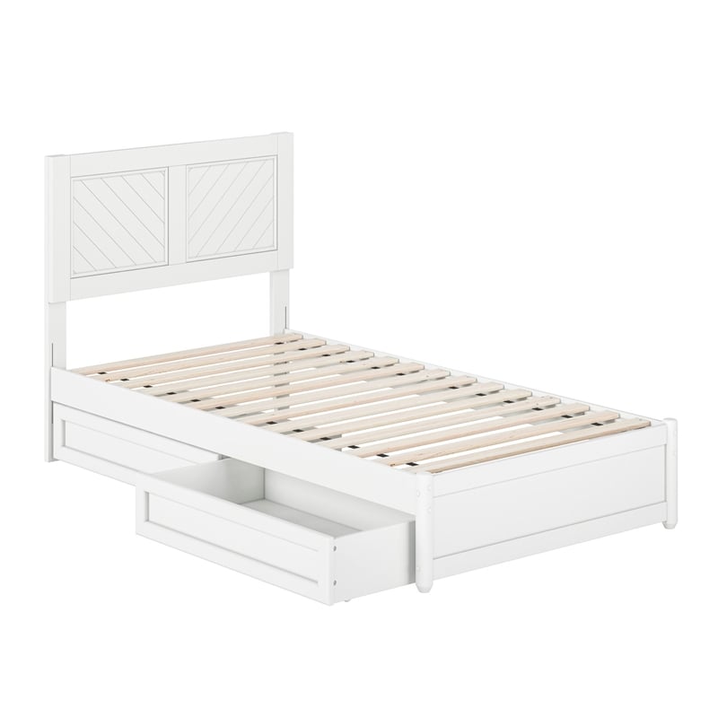 Clayton Twin Wood Platform Bed with Panel Footboard and Storage Drawers in White