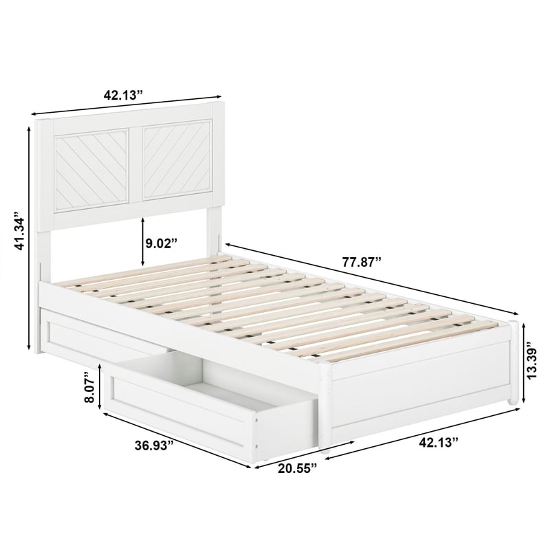 Clayton Twin Wood Platform Bed with Panel Footboard and Storage Drawers in White