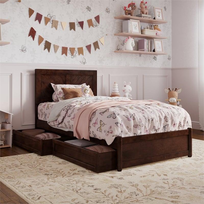 Clayton Twin Wood Platform Bed with Panel Footboard & Storage Drawers in Walnut