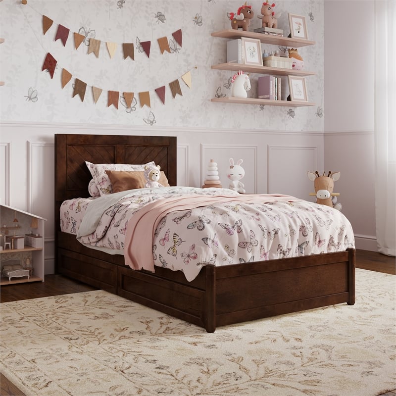 Clayton Twin Wood Platform Bed with Panel Footboard & Storage Drawers in Walnut