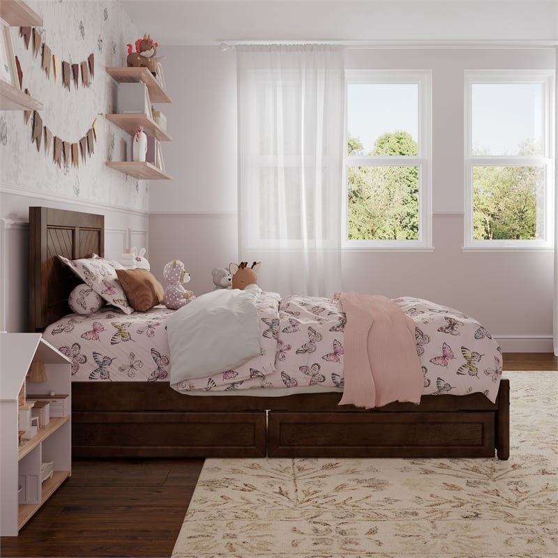 Clayton Twin Wood Platform Bed with Panel Footboard & Storage Drawers in Walnut