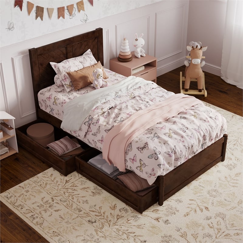 Clayton Twin Wood Platform Bed with Panel Footboard & Storage Drawers in Walnut