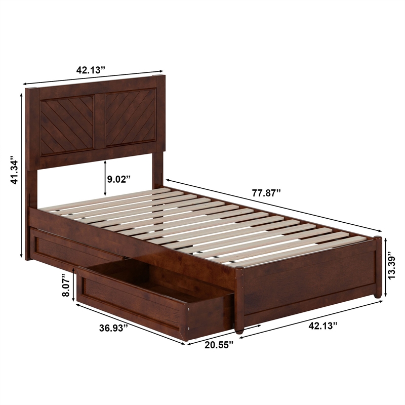 Clayton Twin Wood Platform Bed with Panel Footboard & Storage Drawers in Walnut