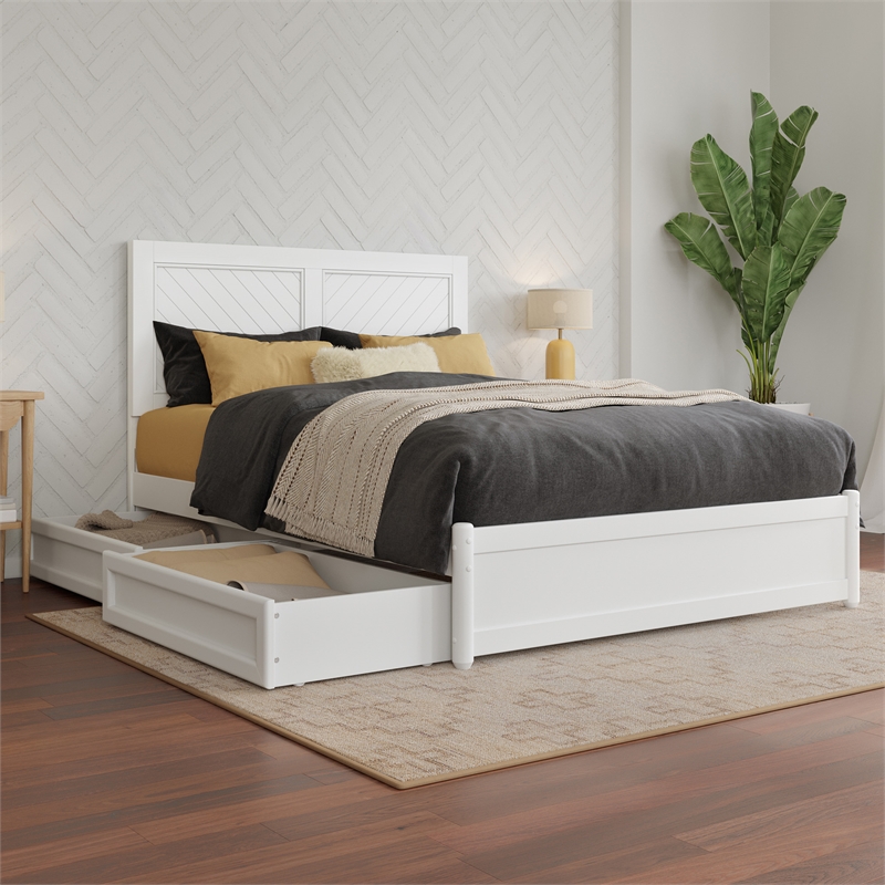 Clayton Full Wood Platform Bed with Panel Footboard and Storage Drawers in White