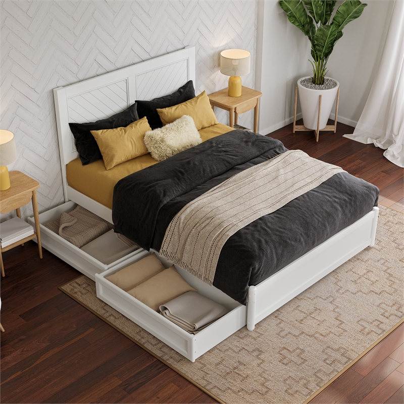 Clayton Full Wood Platform Bed with Panel Footboard and Storage Drawers in White