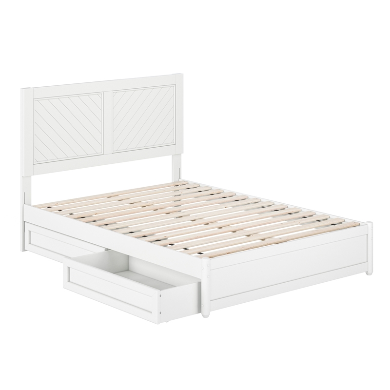 Clayton Full Wood Platform Bed with Panel Footboard and Storage Drawers in White