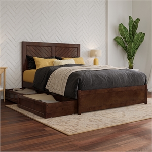 Clayton Full Wood Platform Bed with Panel Footboard & Storage Drawers in Walnut