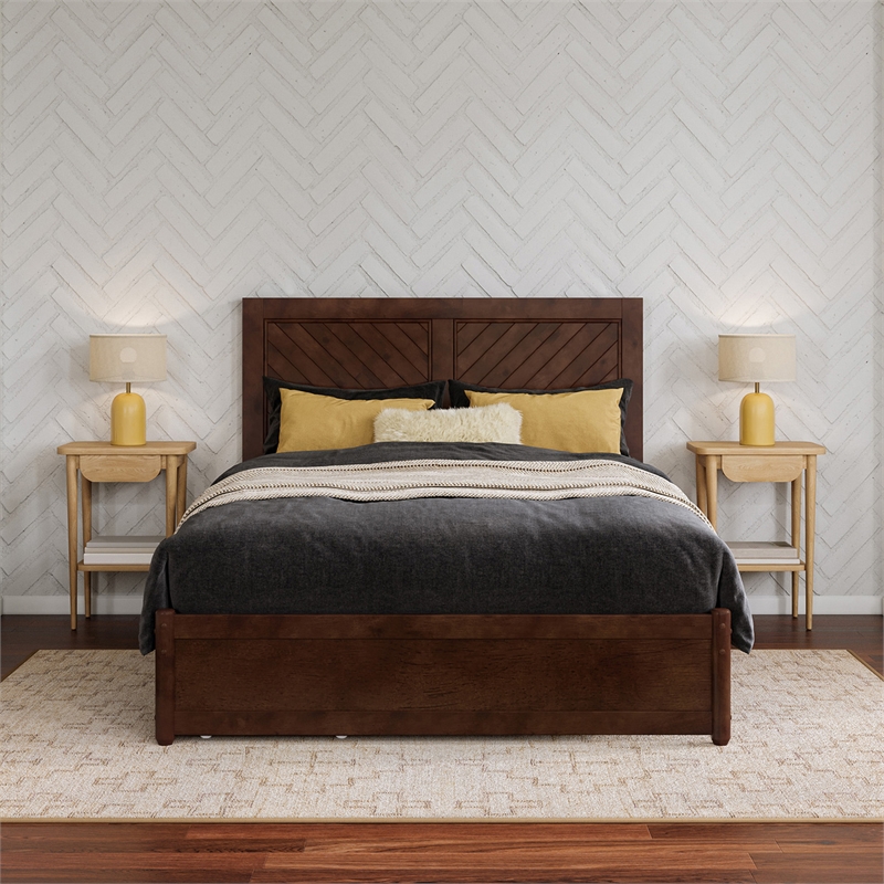 Clayton Full Wood Platform Bed with Panel Footboard & Storage Drawers in Walnut