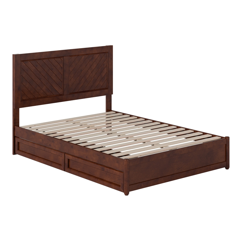 Clayton Full Wood Platform Bed with Panel Footboard & Storage Drawers in Walnut