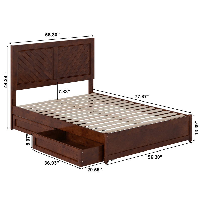 Clayton Full Wood Platform Bed with Panel Footboard & Storage Drawers in Walnut