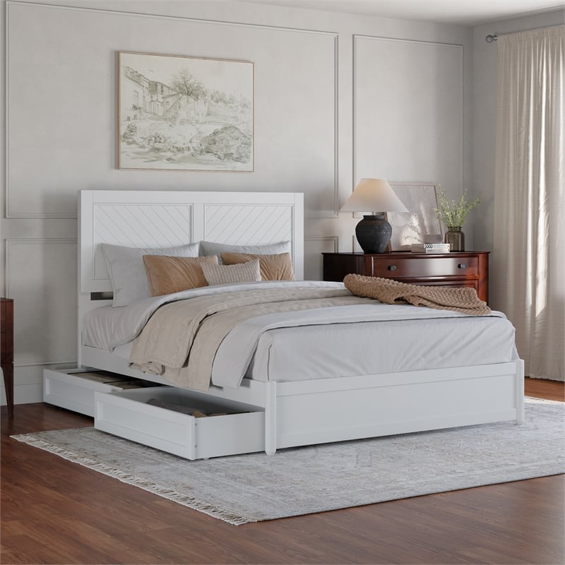 Clayton Queen Platform Bed with Panel Footboard & 2 Storage Drawers in White