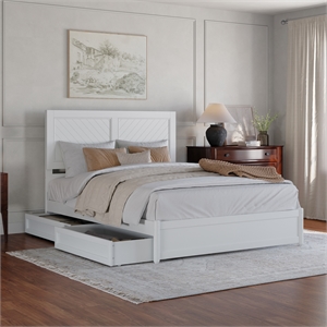 Clayton Queen Wood Platform Bed with Panel Footboard & Storage Drawers in White