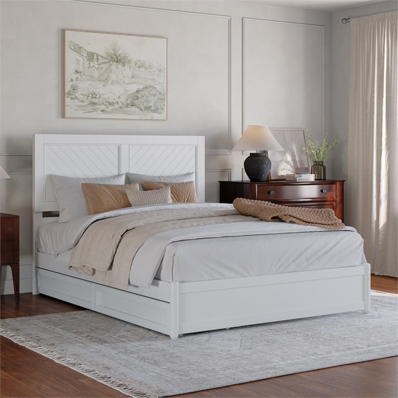 Clayton Queen Platform Bed with Panel Footboard & 2 Storage Drawers in White