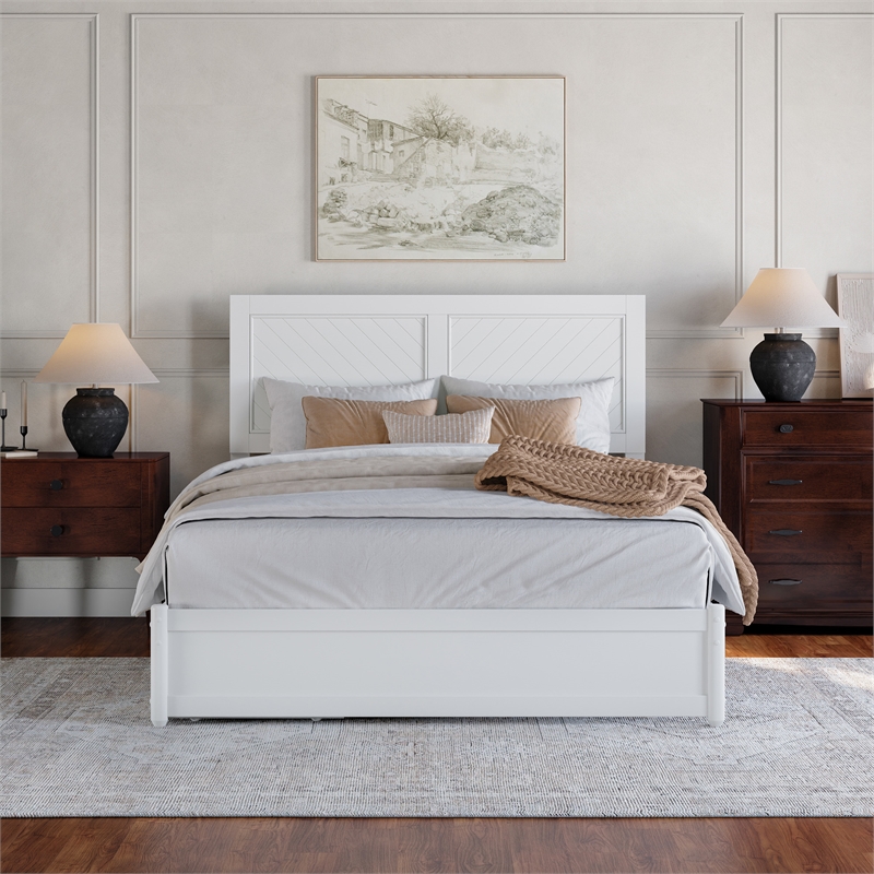 Clayton Queen Platform Bed with Panel Footboard & 2 Storage Drawers in White