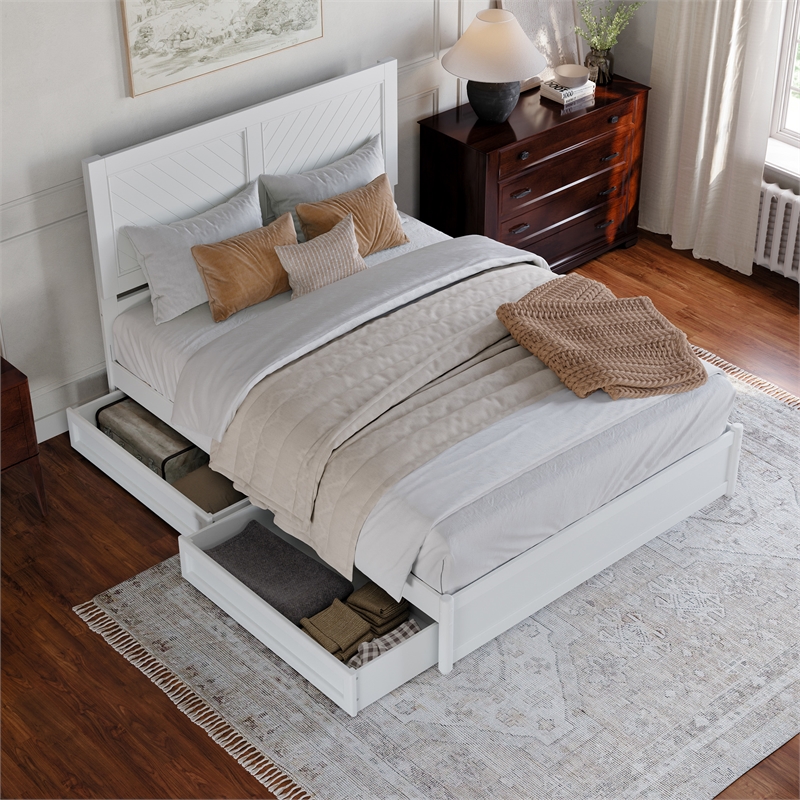 Clayton Queen Platform Bed with Panel Footboard & 2 Storage Drawers in White