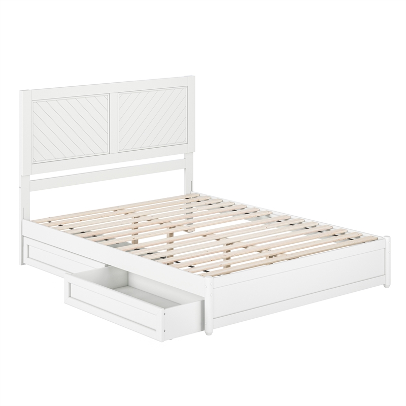 Clayton Queen Platform Bed with Panel Footboard & 2 Storage Drawers in White
