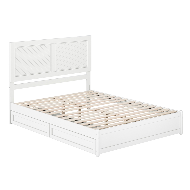 Clayton Queen Platform Bed with Panel Footboard & 2 Storage Drawers in White