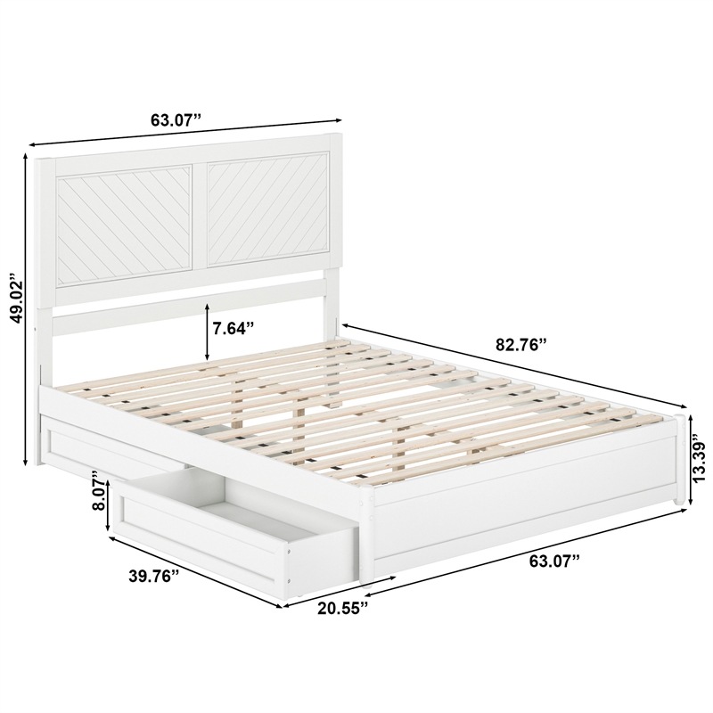 Clayton Queen Platform Bed with Panel Footboard & 2 Storage Drawers in White