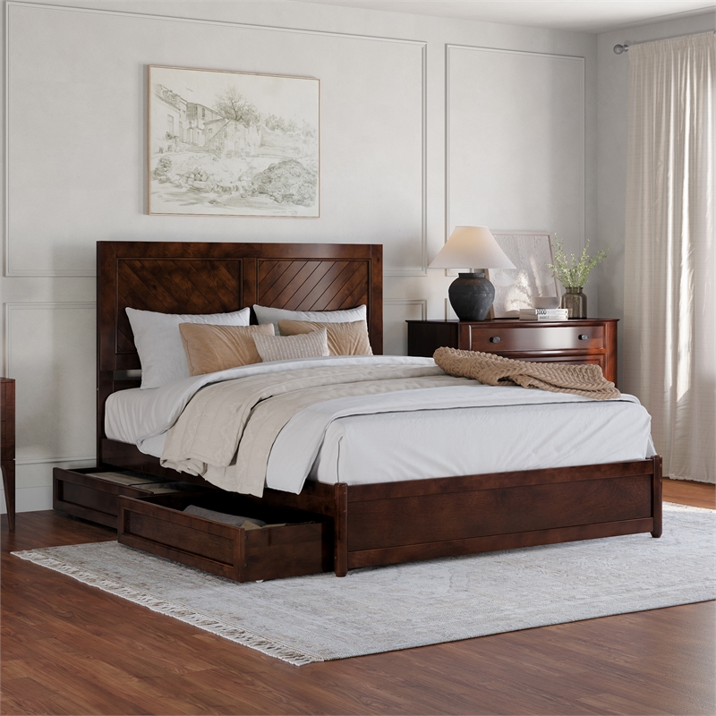 Clayton Queen Wood Platform Bed with Panel Footboard & Storage Drawers in Walnut