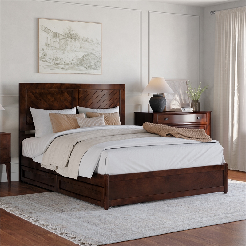 Clayton Queen Wood Platform Bed with Panel Footboard & Storage Drawers in Walnut