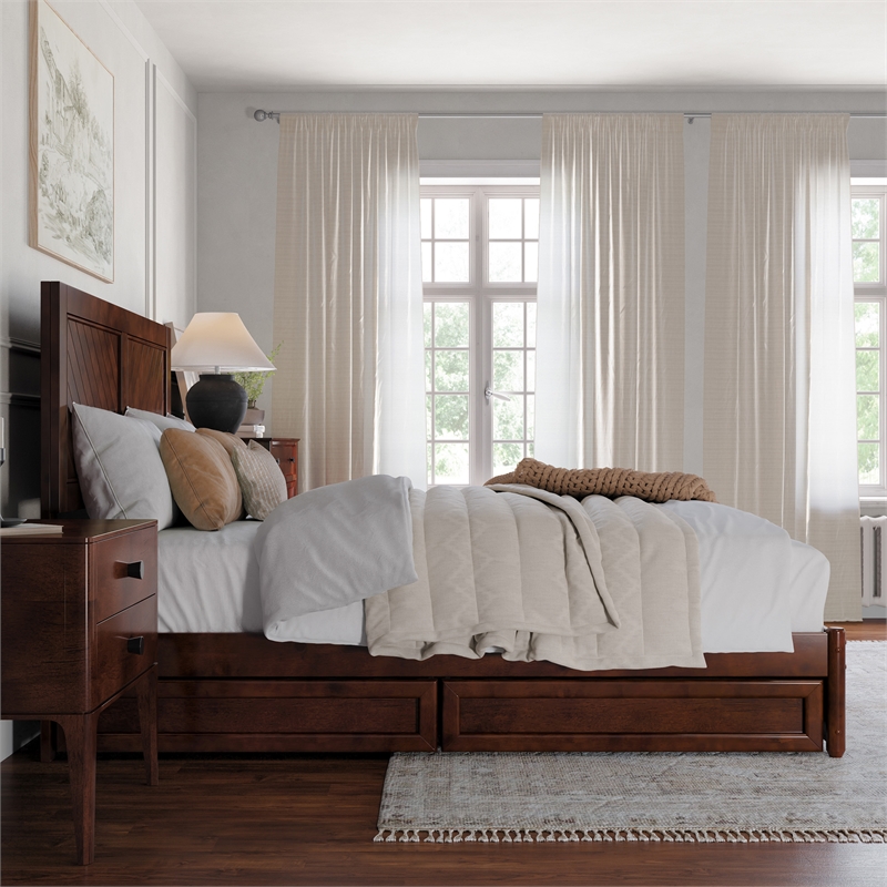 Clayton Queen Wood Platform Bed with Panel Footboard & Storage Drawers in Walnut
