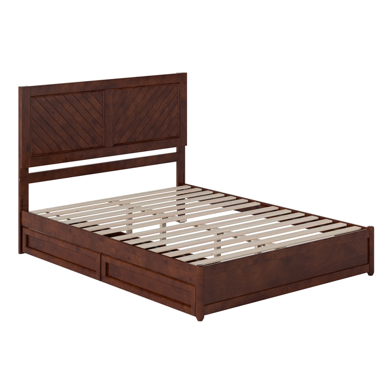 Clayton Queen Wood Platform Bed with Panel Footboard & Storage Drawers in Walnut