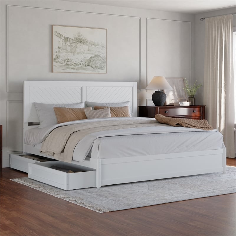 Clayton King Wood Platform Bed with Panel Footboard and Storage Drawers in White