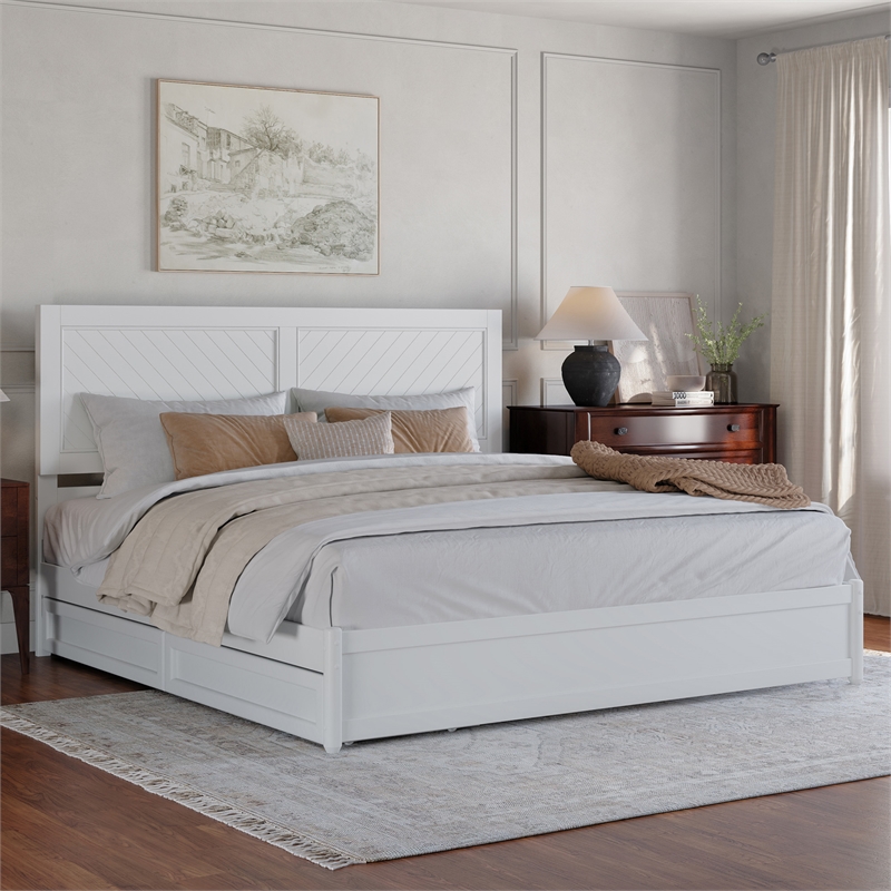 Clayton King Wood Platform Bed with Panel Footboard and Storage Drawers in White