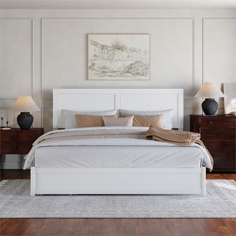 Clayton King Wood Platform Bed with Panel Footboard and Storage Drawers in White