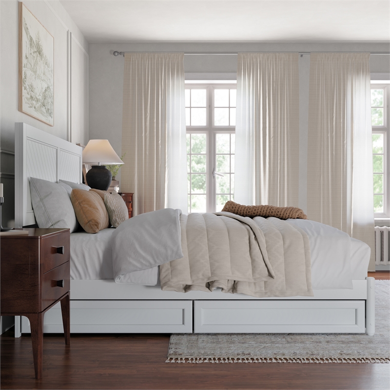 Clayton King Wood Platform Bed with Panel Footboard and Storage Drawers in White