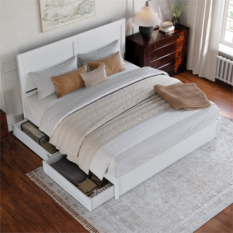 Clayton King Wood Platform Bed with Panel Footboard and Storage Drawers in White